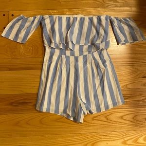 Brand new- white & blue off the shoulder romper! Never worn!